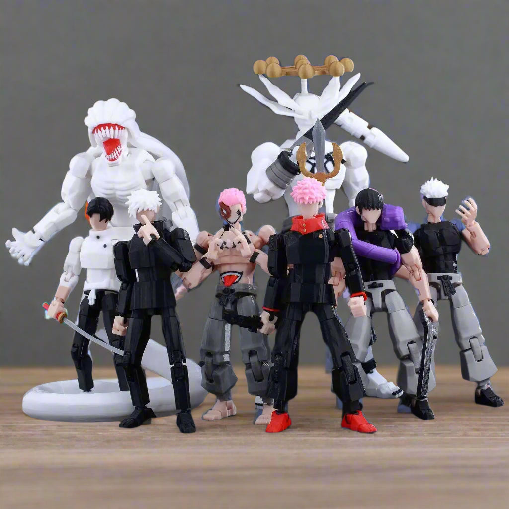Collection of action figures on a black background with '9L' logo.