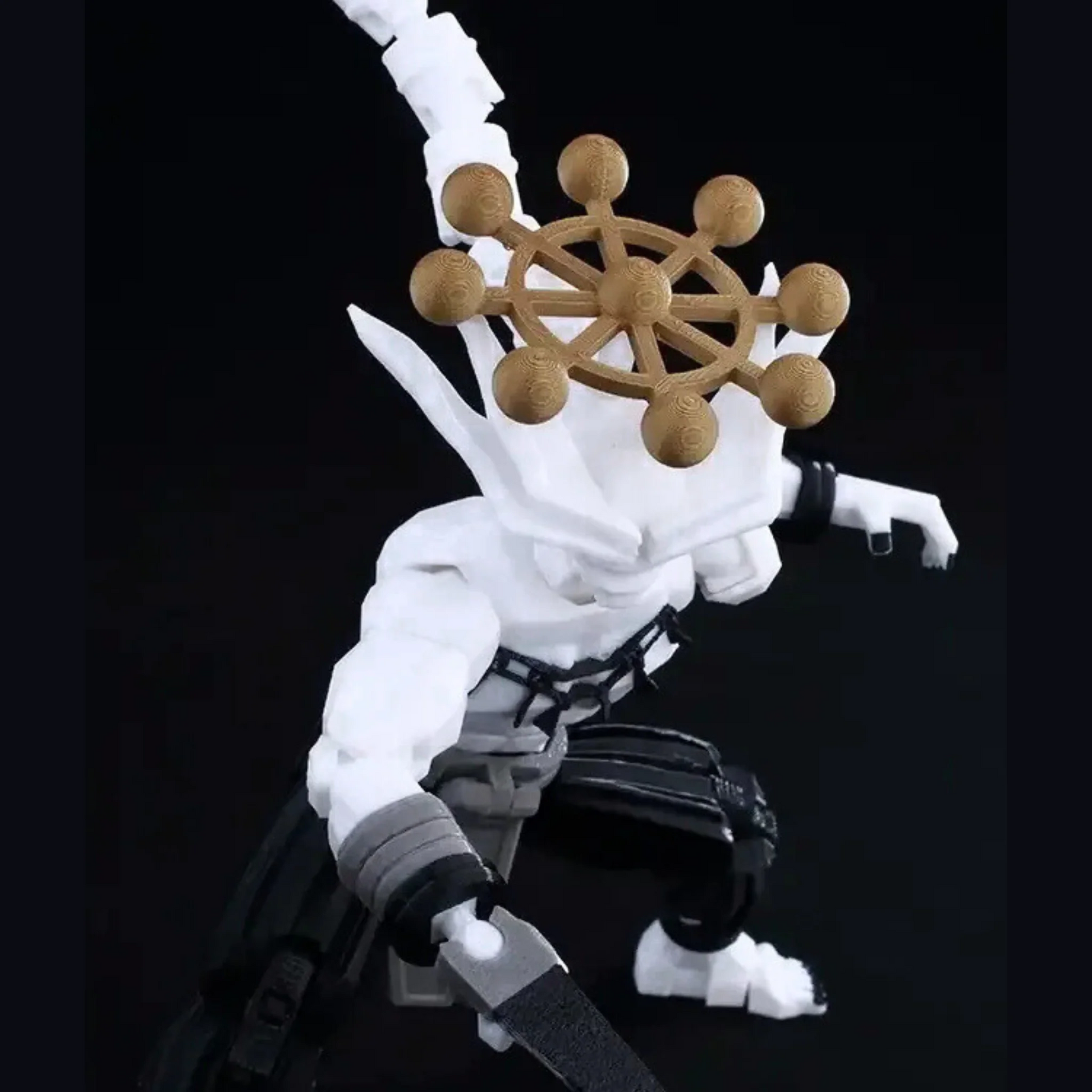 Action figure with white outfit and brown helmet on a black background