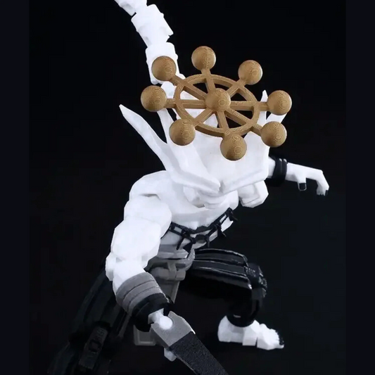 Action figure with white outfit and brown helmet on a black background
