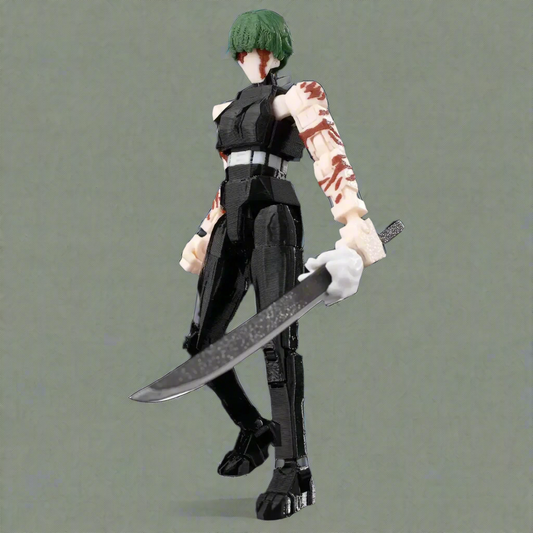 Action figure with a sword on a plain background