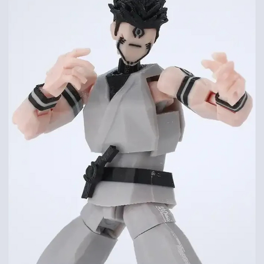 Action figure in gray and black outfit with white background