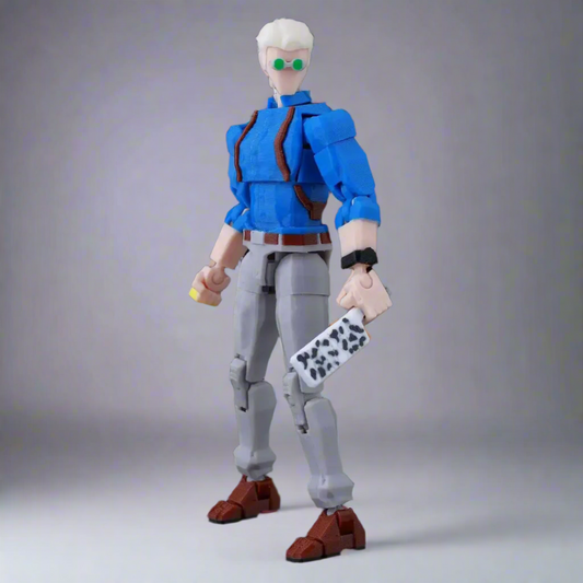 Action figure in blue shirt and gray pants holding a weapon on a black background