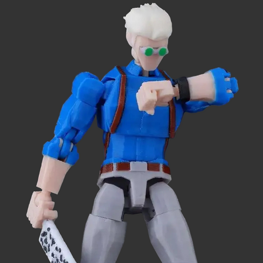 Action figure in blue outfit with white hair and green goggles on a black background