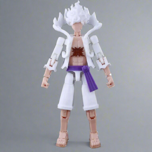 Action figure with white hair and purple belt on a black background