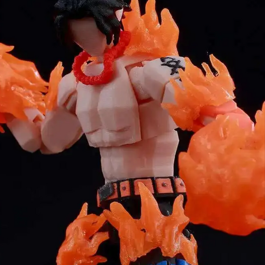 Action figure with fiery effects on a black background