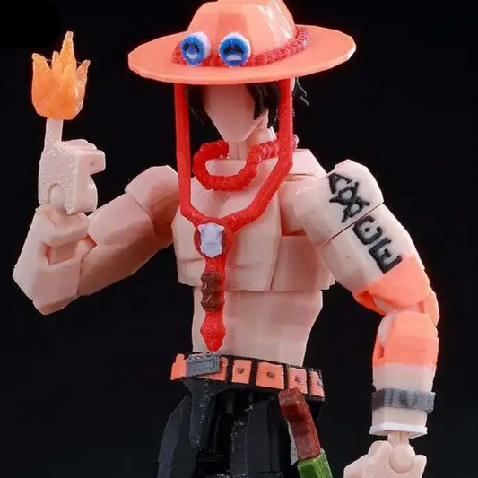 Action figure with a unique design, holding a flame-like object, on a black background.