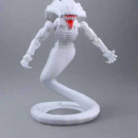 White creature figure with red mouth on a gray background