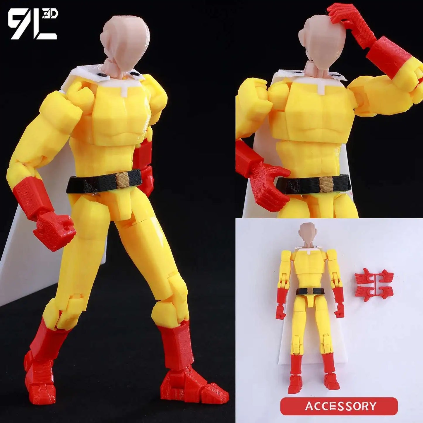 Yellow and red action figure with accessories on a black and white background