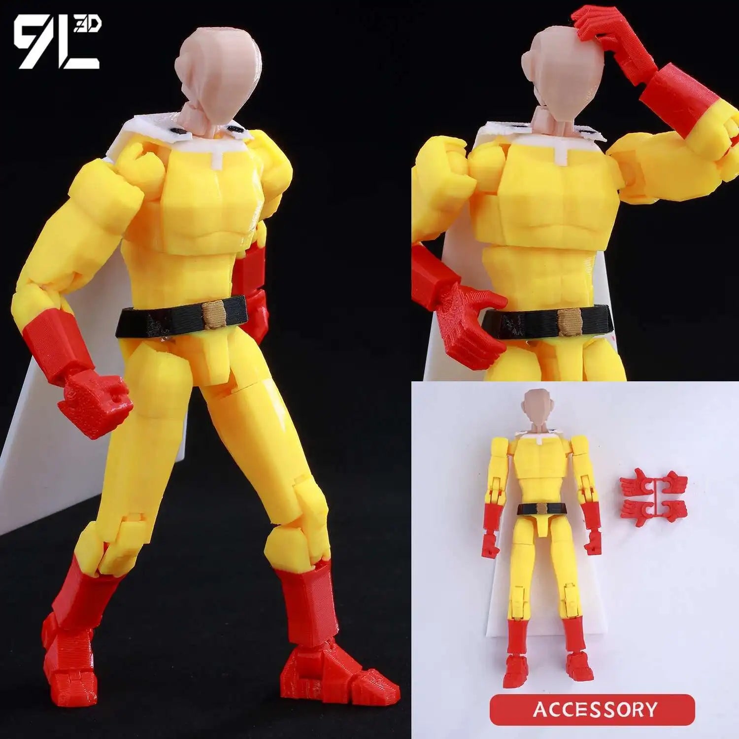 Yellow and red action figure with accessories on a black and white background