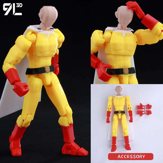 Yellow and red action figure with accessories on a black and white background