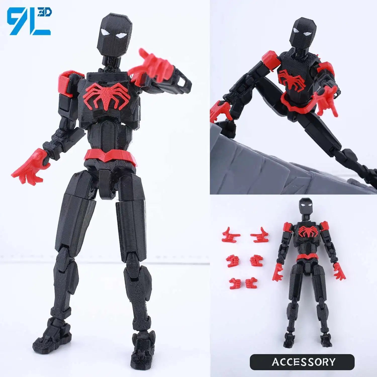 Black and red superhero action figure with interchangeable parts on a white background