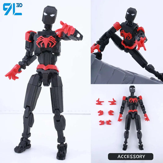 Black and red superhero action figure with interchangeable parts on a white background