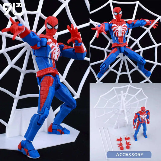 Spider-Man action figure with web background and additional accessories on a white surface