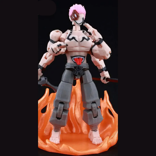 Action figure with pink hair and a fiery base on a black background