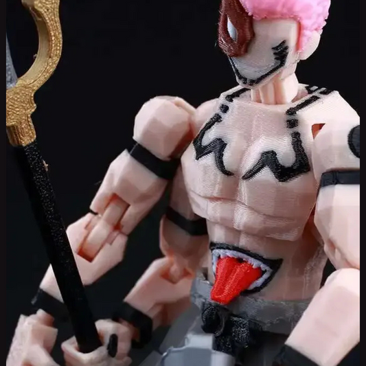 Action figure with pink hair and red tongue holding a weapon on a black background