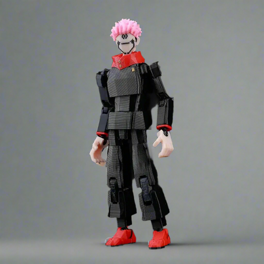 Action figure with pink hair and red shoes on a gray background