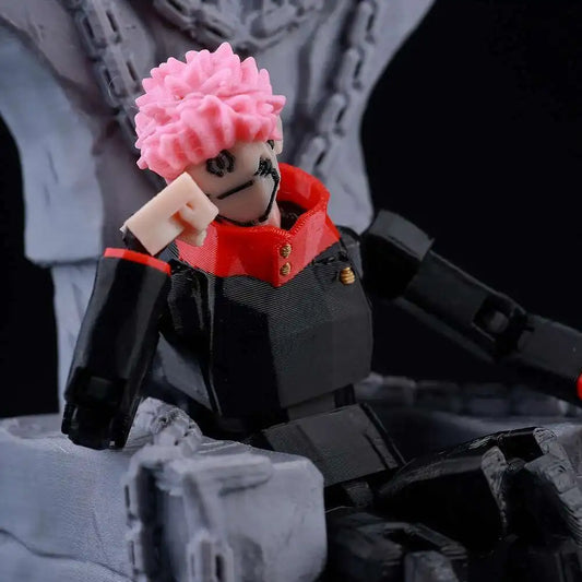 Toy figure with pink hair and red accents in a dynamic pose on a dark background
