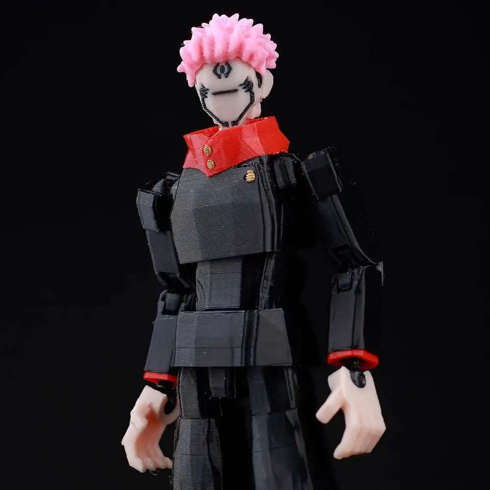 Action figure with pink hair and black and red outfit on a black background