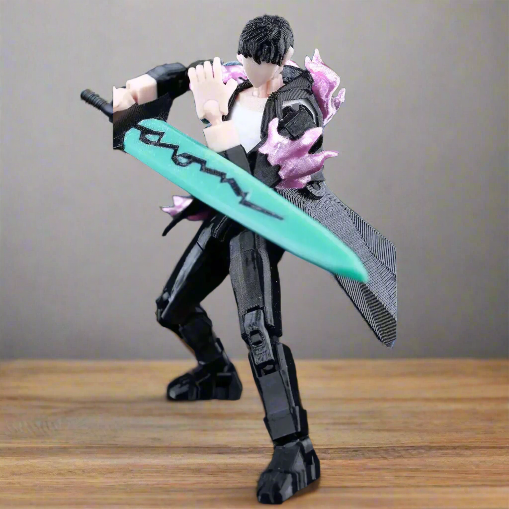 Action figure with a green sword on a wooden surface