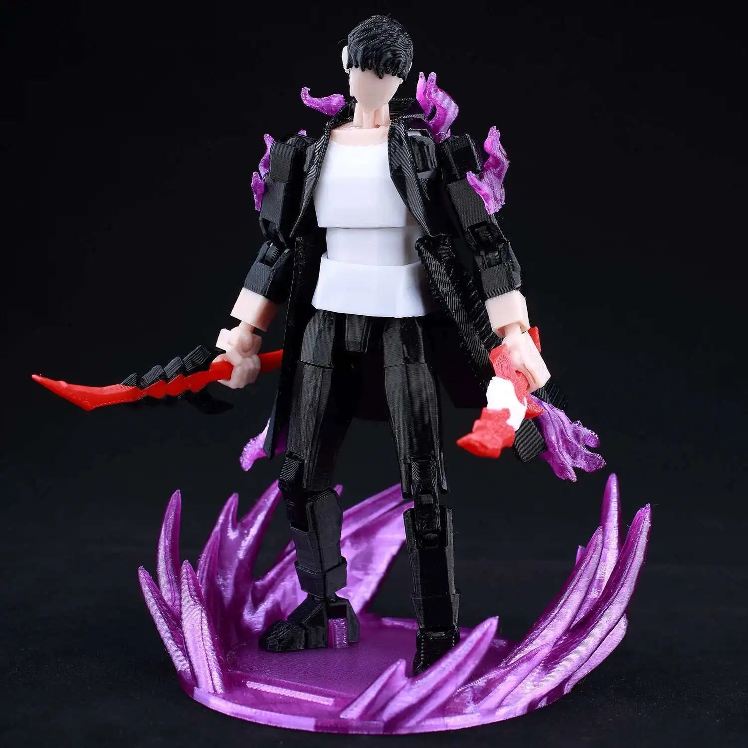 Action figure with black outfit and purple accents on a dark background