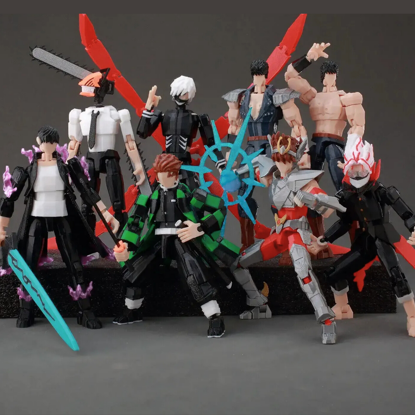 Collection of action figures with various poses and weapons on a dark background