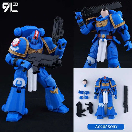 Blue robot action figure with accessories on a black background