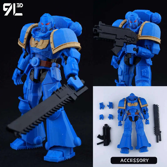 Blue action figure with accessories on a black background