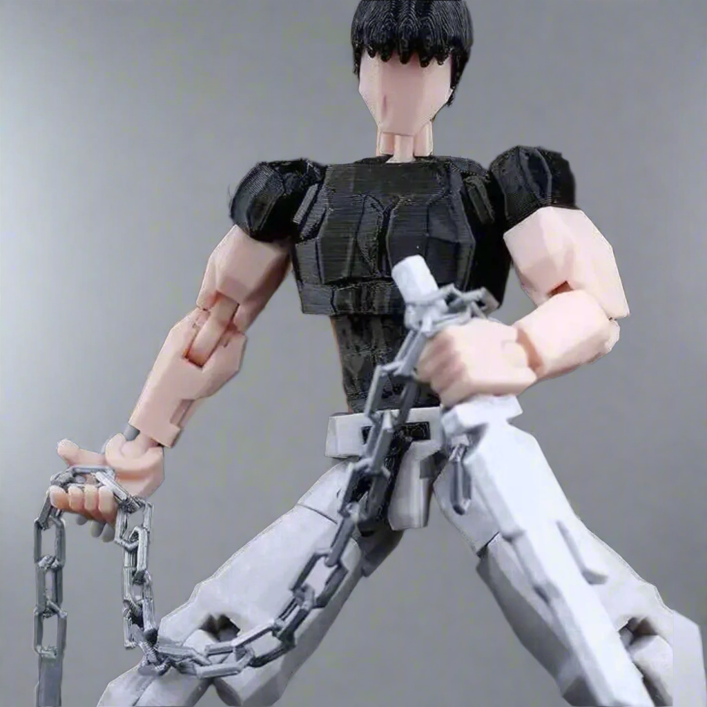 Action figure with chains on a black background