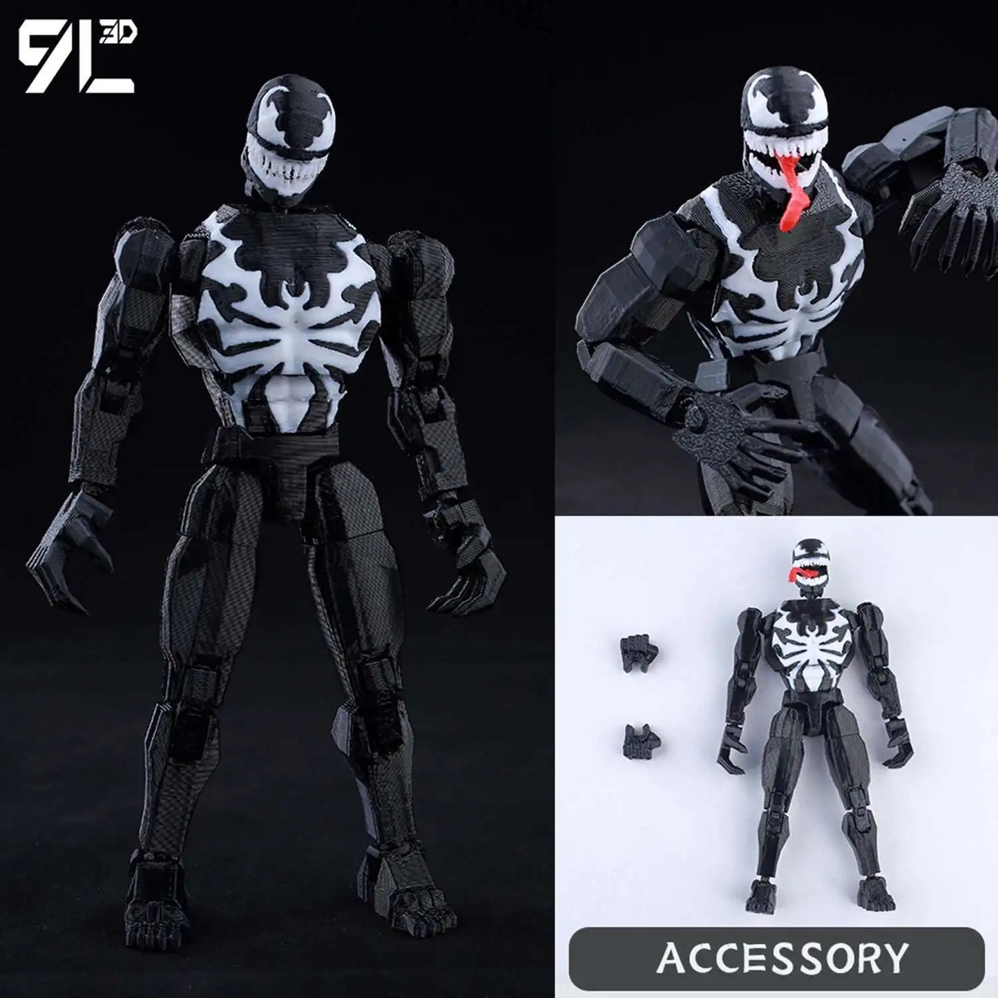 Action figure with black and white design, shown from different angles on a dark background.