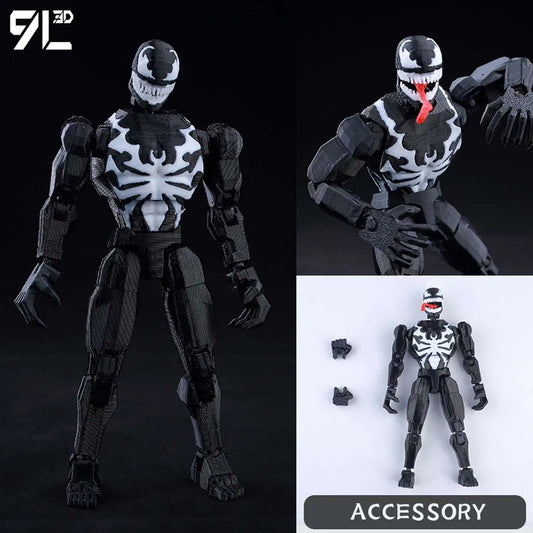 Action figure with black and white design, shown from different angles on a dark background.