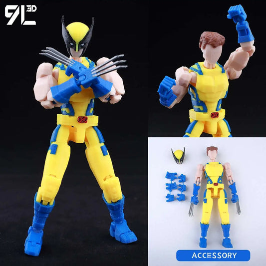 Action figure with yellow and blue costume, claws, and accessories on a black background.