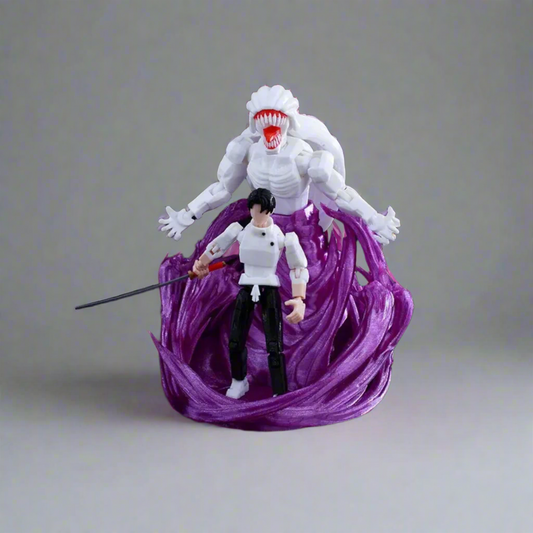 Action figure with a large white creature-like character on a purple base against a black background