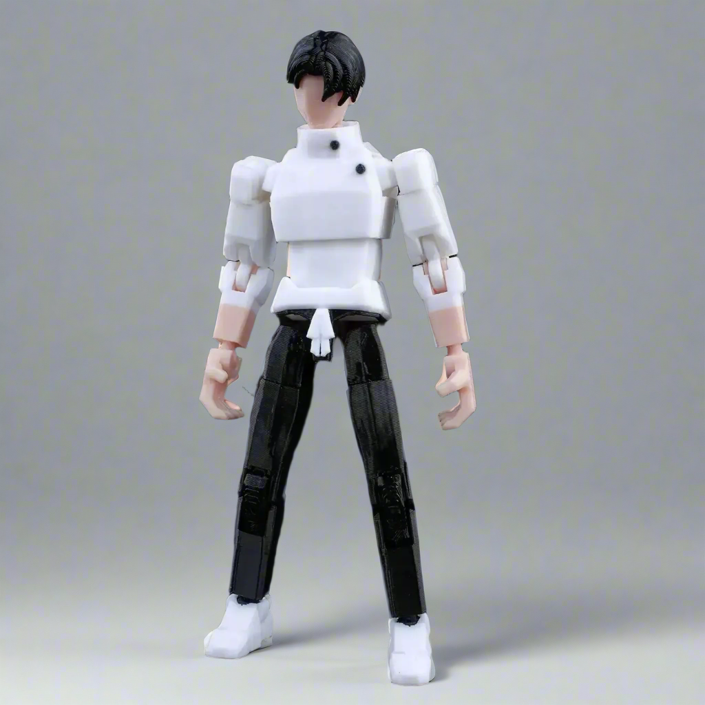 Action figure with a white top and black pants on a gray background