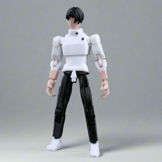 Action figure with a white top and black pants on a gray background