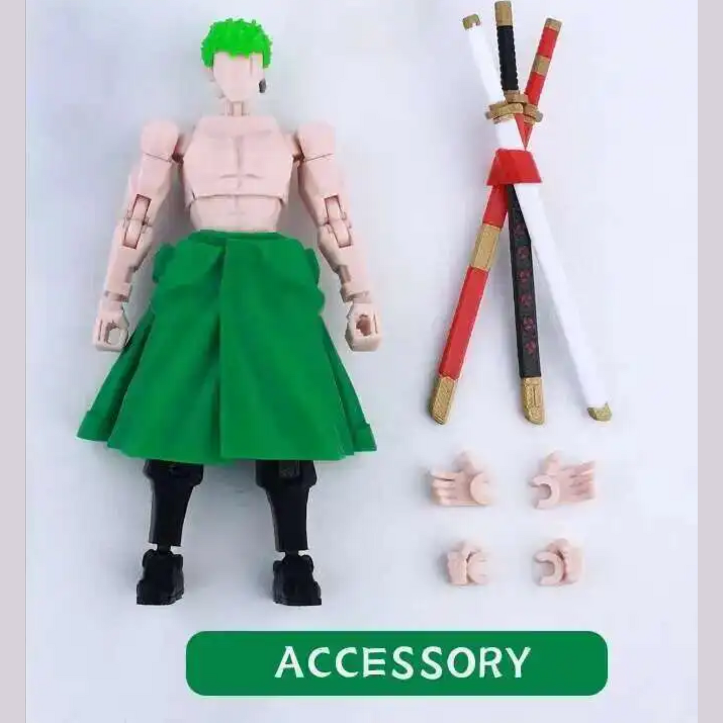 Action figure with green hair and green skirt, accompanied by accessories on a white background.