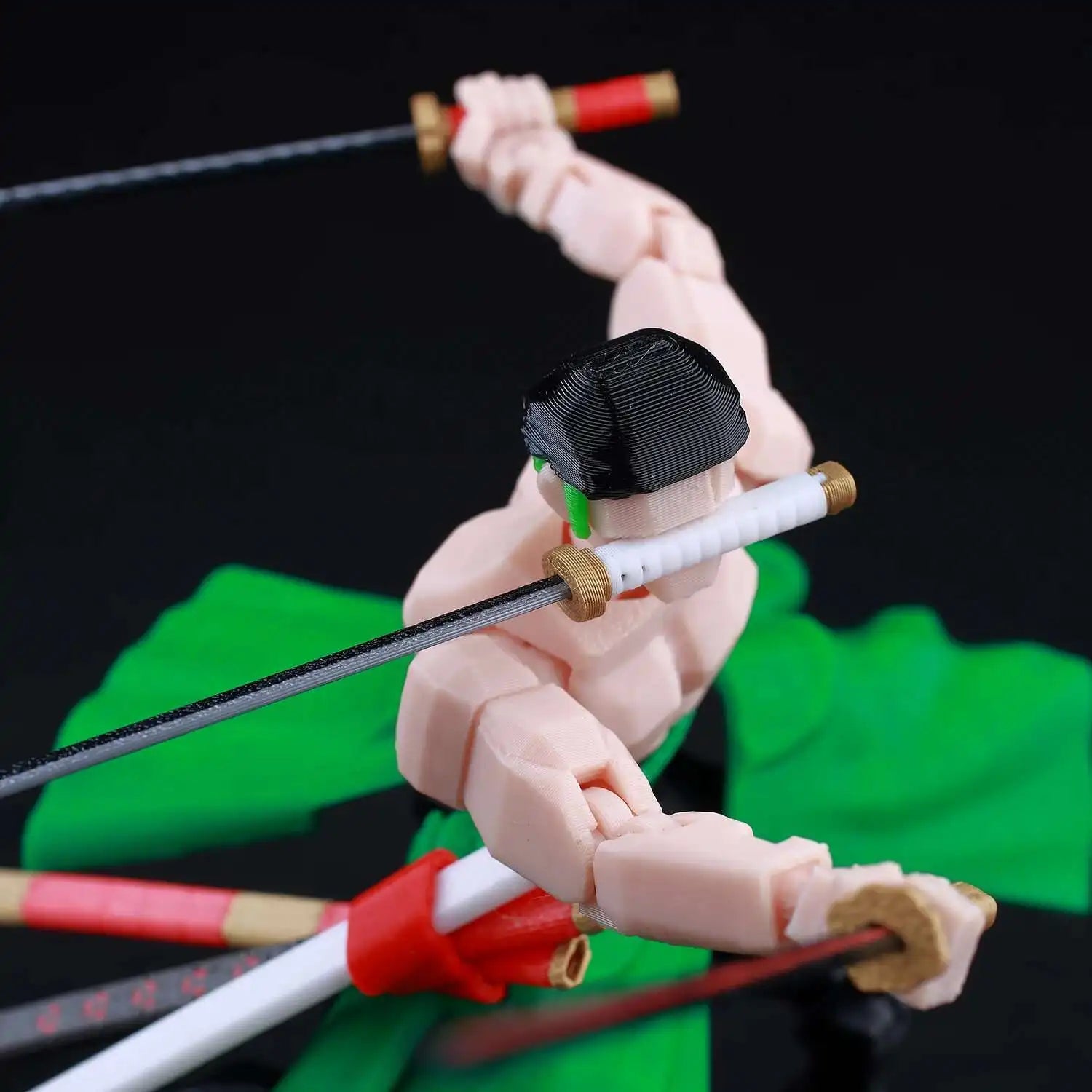 Action figure of a character with multiple bows and arrows on a black background