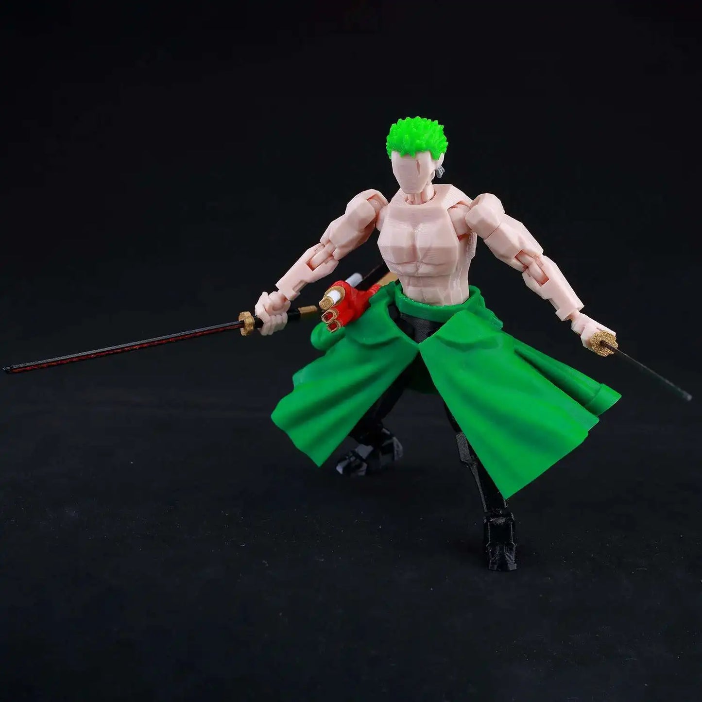 Action figure with green hair and green pants holding a sword on a black background