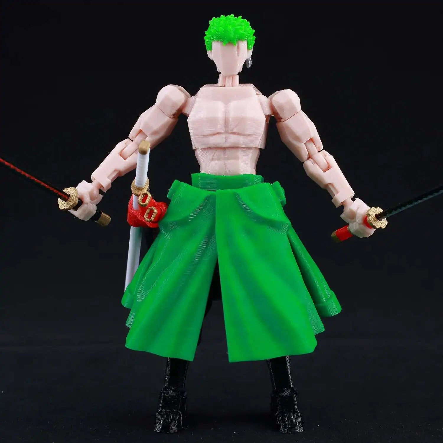 Action figure with green hair and green pants holding swords on a black background