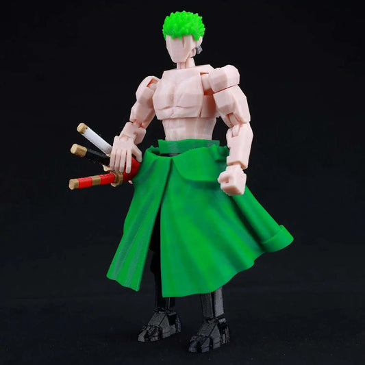 Action figure with green hair and green cloth on a black background