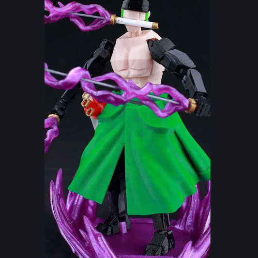 Action figure with green cloak and purple hair on a black background