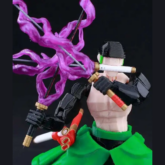 Action figure with purple smoke effect and green outfit on a black background