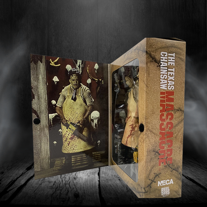 Action figure packaging for 'The Texas Chainsaw Massacre' with character illustration on a dark background