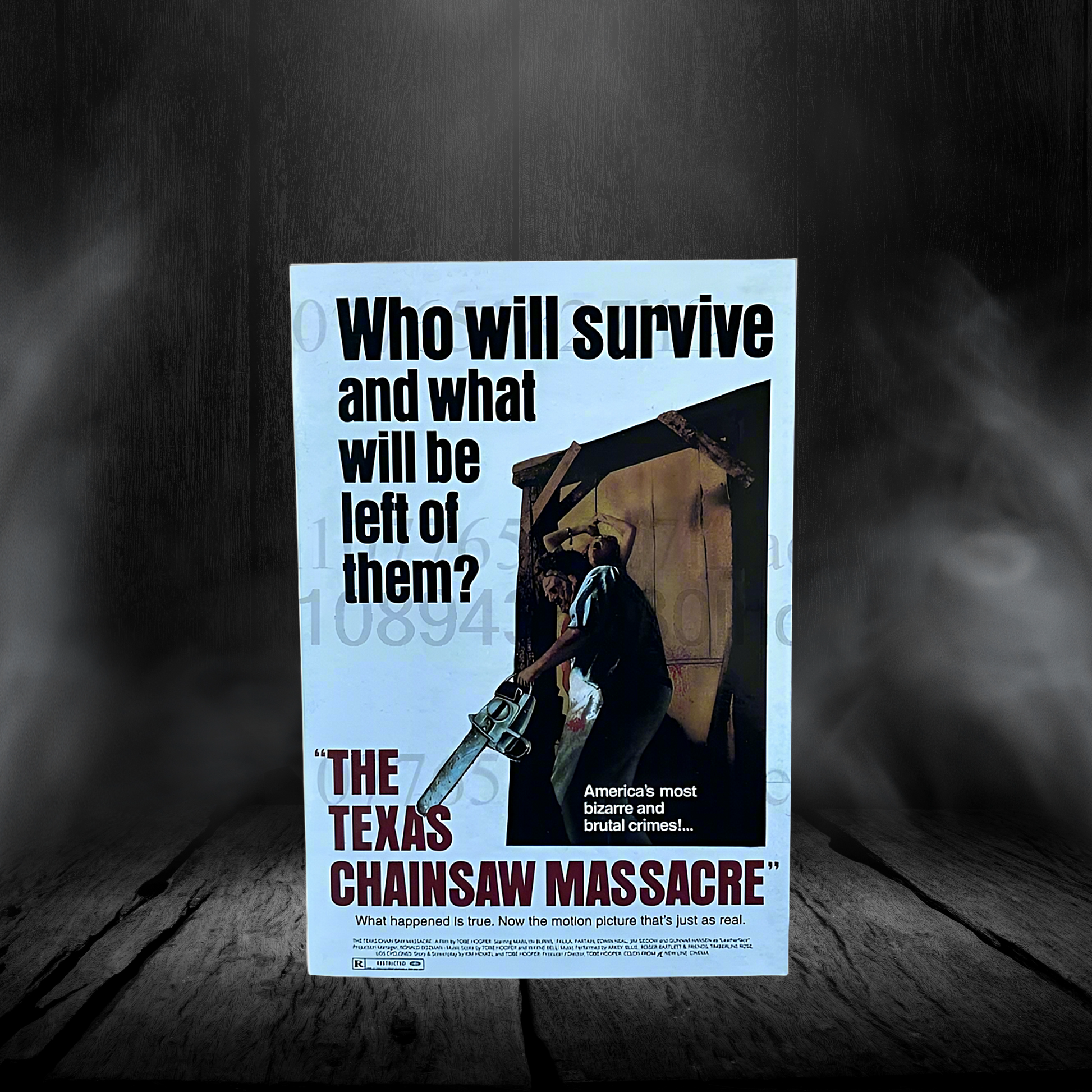 Movie poster for 'The Texas Chainsaw Massacre' on a dark background
