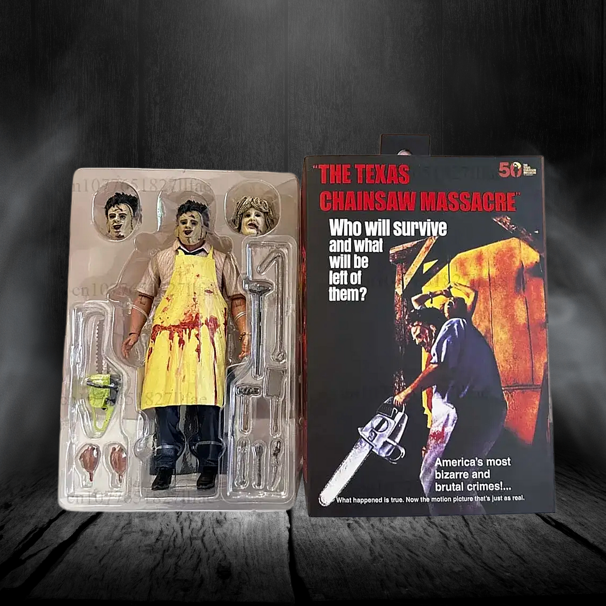 Action figure in packaging with 'The Texas Chainsaw Massacre' movie poster on a dark background