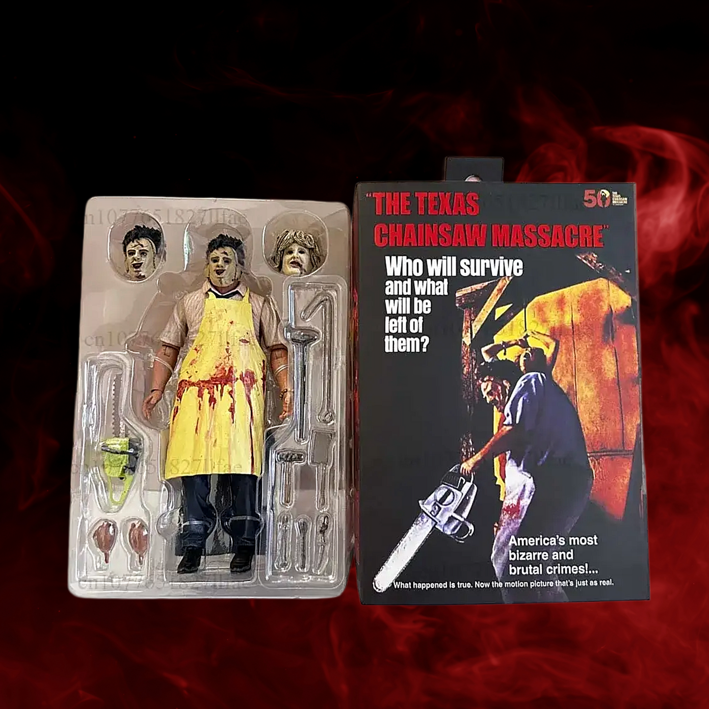 Action figure in packaging with 'The Texas Chainsaw Massacre' movie poster on a red background