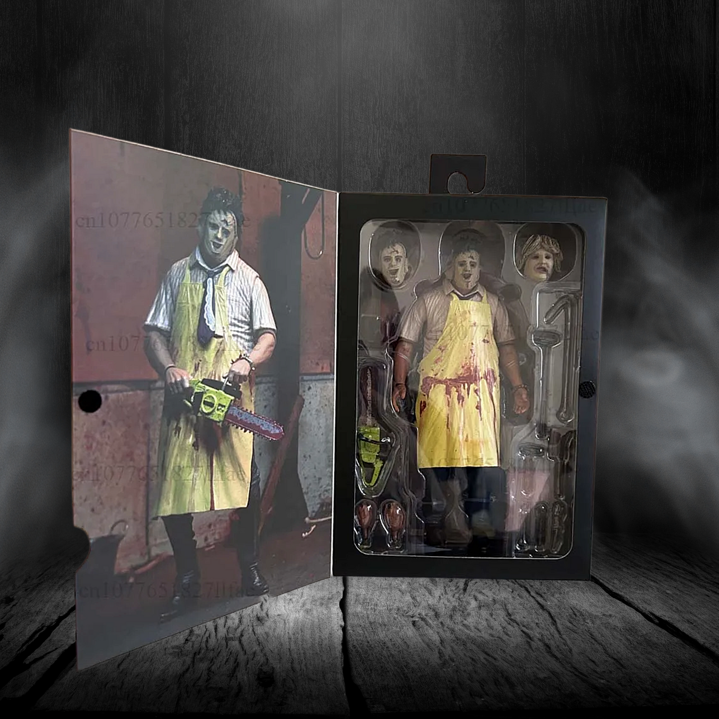 Action figure in packaging with a dark, smoky background