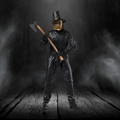 Person in black leather outfit with axe against a dark background