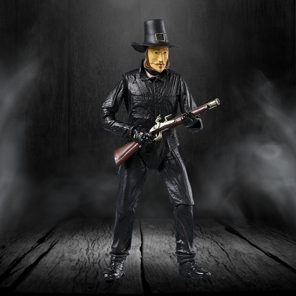 Figure in a black leather outfit with a hat holding a rifle against a dark background