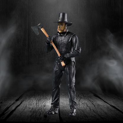 Figure in black attire holding an axe against a dark background