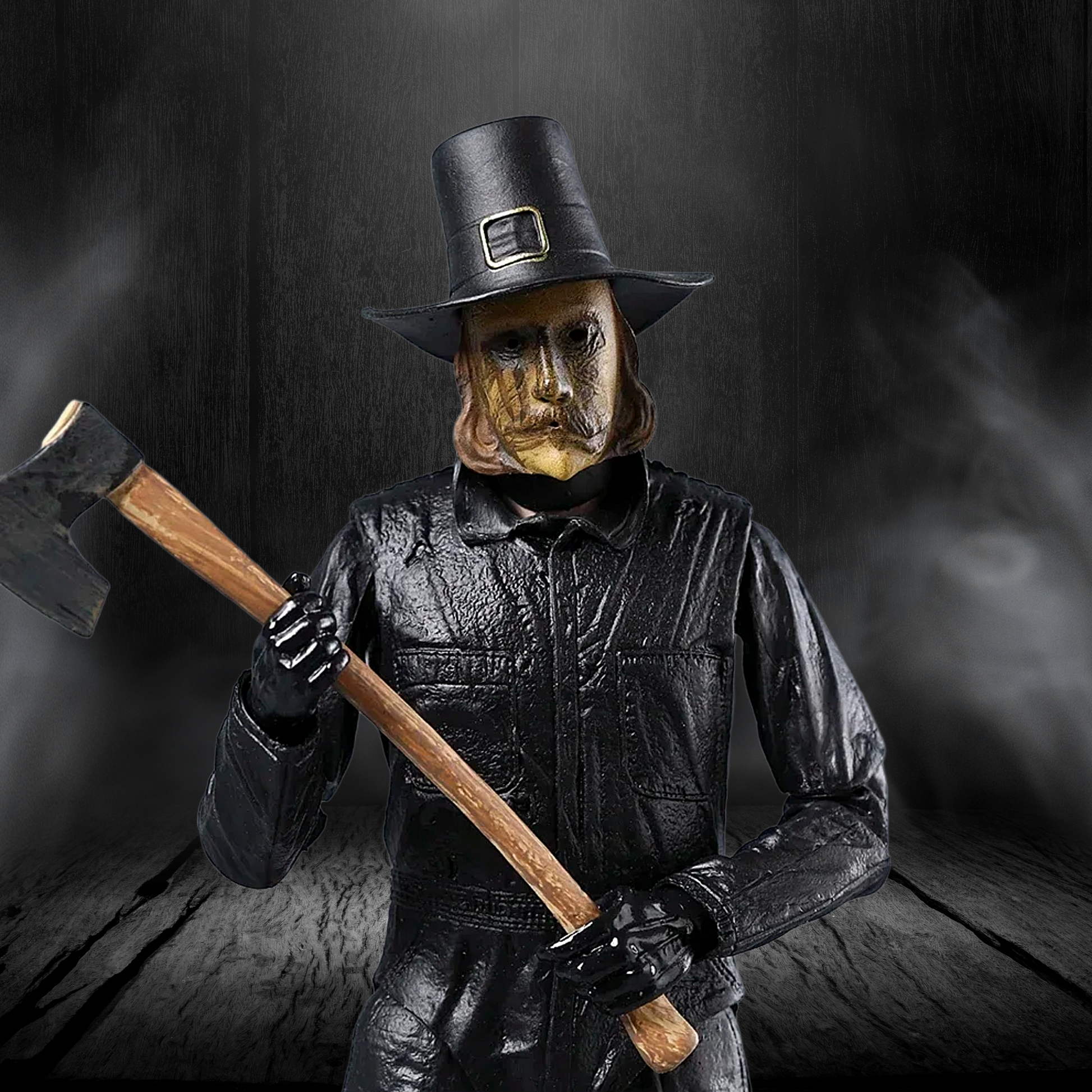 Person in black leather outfit and hat holding an axe against a dark background